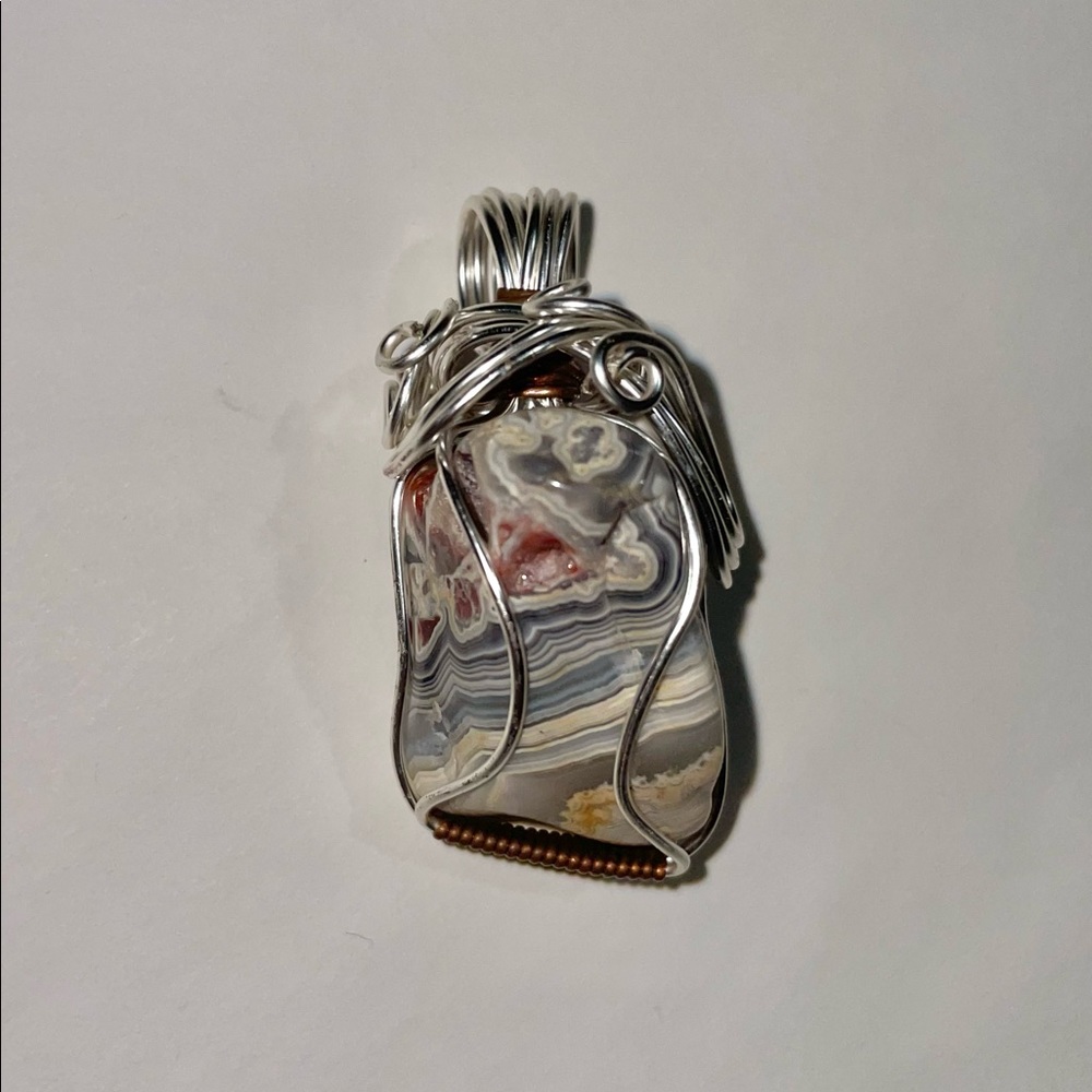 Handmade Stone Necklace Pendant wrapped in silver writing
